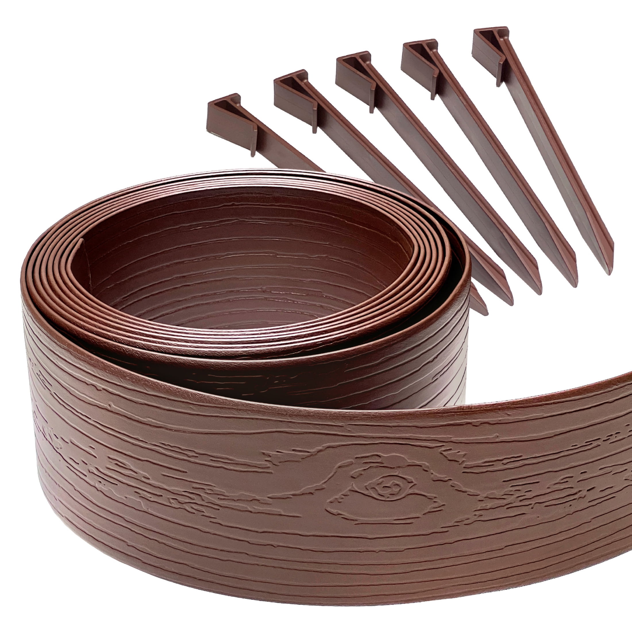 Expert Gardener 5 in. x 20 ft. Brown Wood Grain Plastic Landscape Edging with Stakes