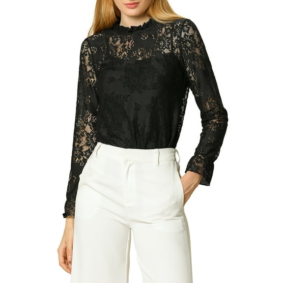 MODA NOVA Junior's Long Sleeve Lace See Through Floral Color Block Blouse Black S