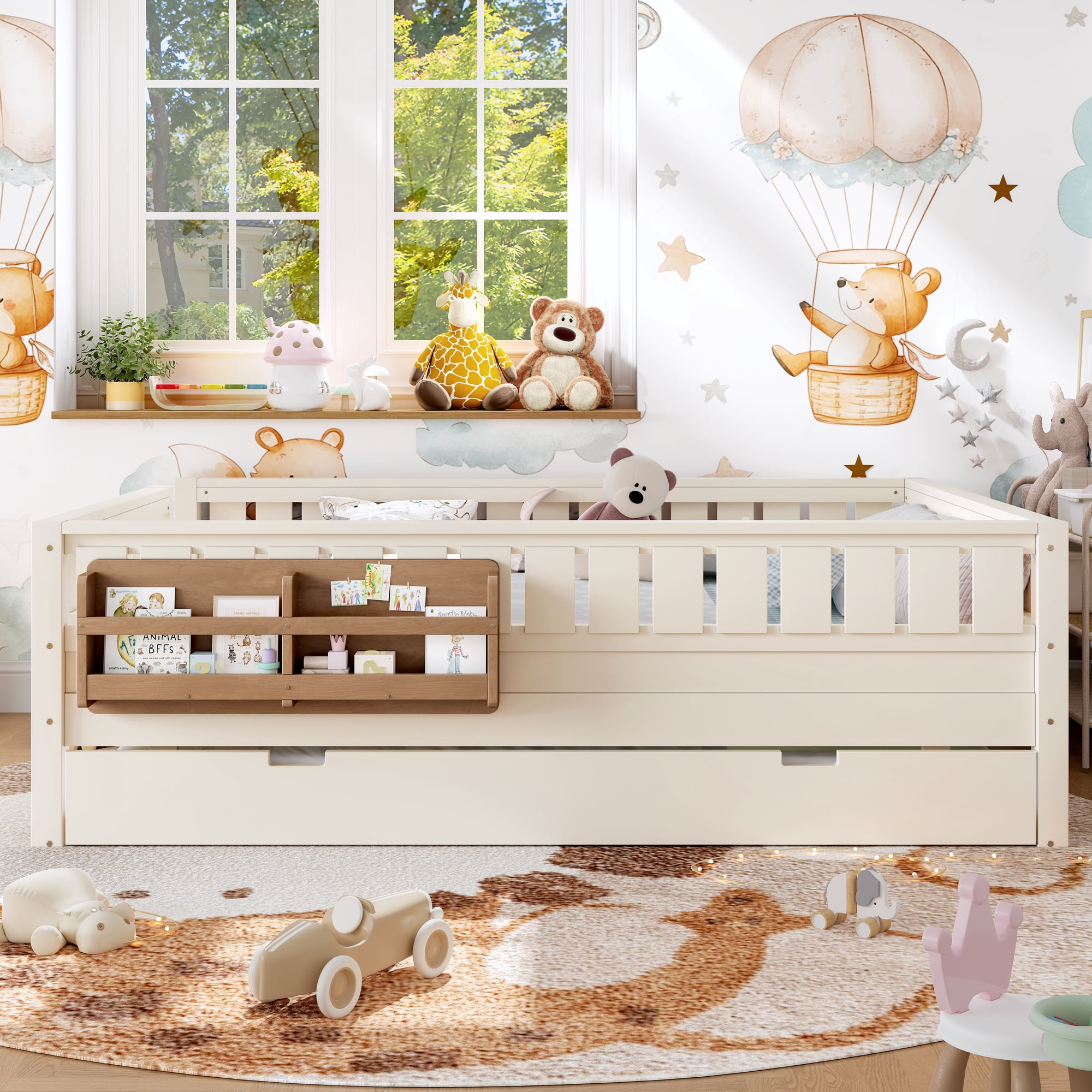 Queen Bed with Bookshelf and Trundle 83.8 Inch, Solid Wood Frame with Staircase and Safety Rails, Space-Saving Kids Bed with Storage, Beige