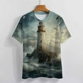 thumbnail image 3 of Lighthouse Sunrise Coast Scenery Pale Blue Tan Womens Tops Women's Fashion Casual Short Sleeve Flower Print Round Neck Pullover Top Blouse, 3 of 6