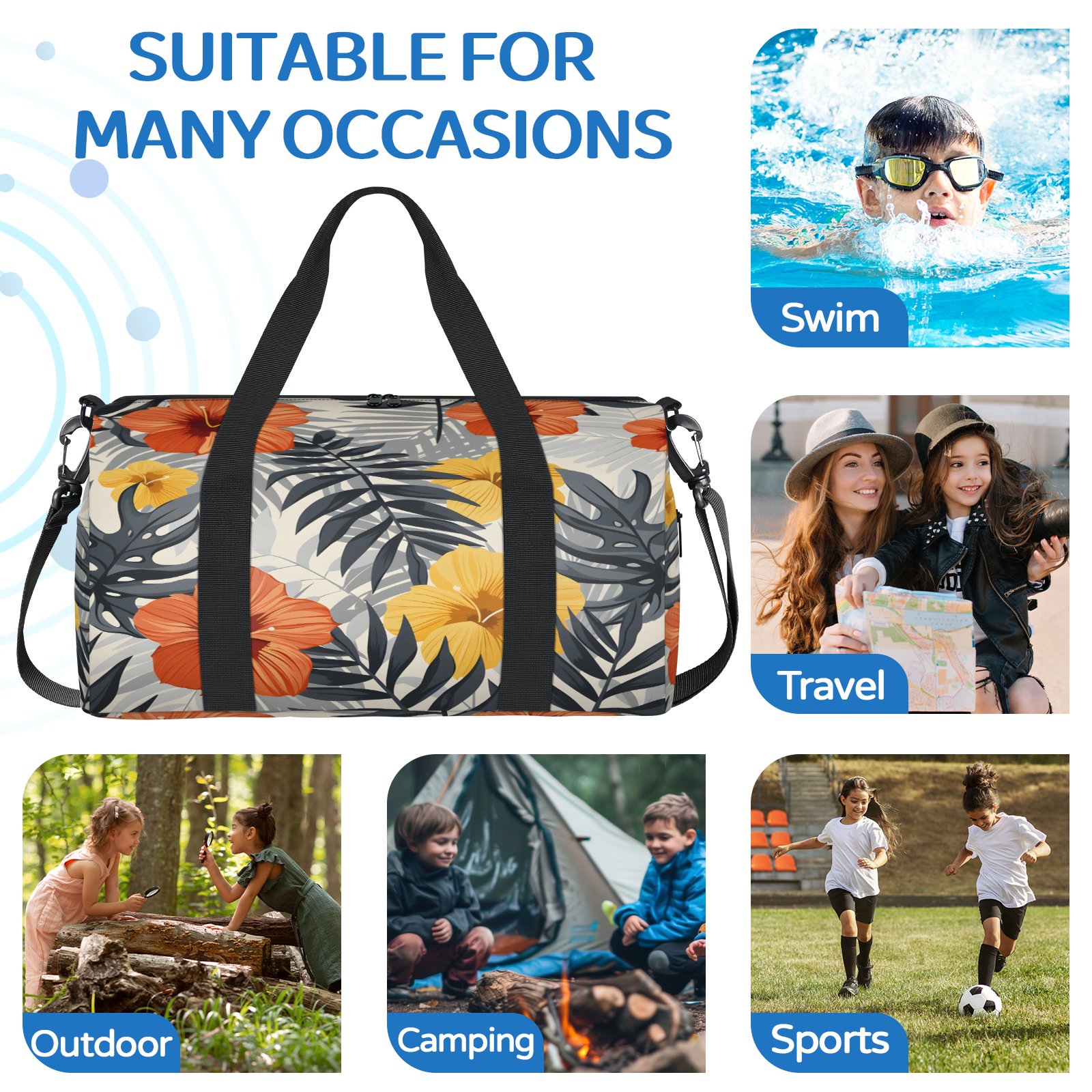 Herdesigns Tropical Leaves Flower Gym Bag for Women, Duffle Bag for Travel Sport, Floral Lightweight Waterproof Carry on Weekender Dance Yoga Workout Bags