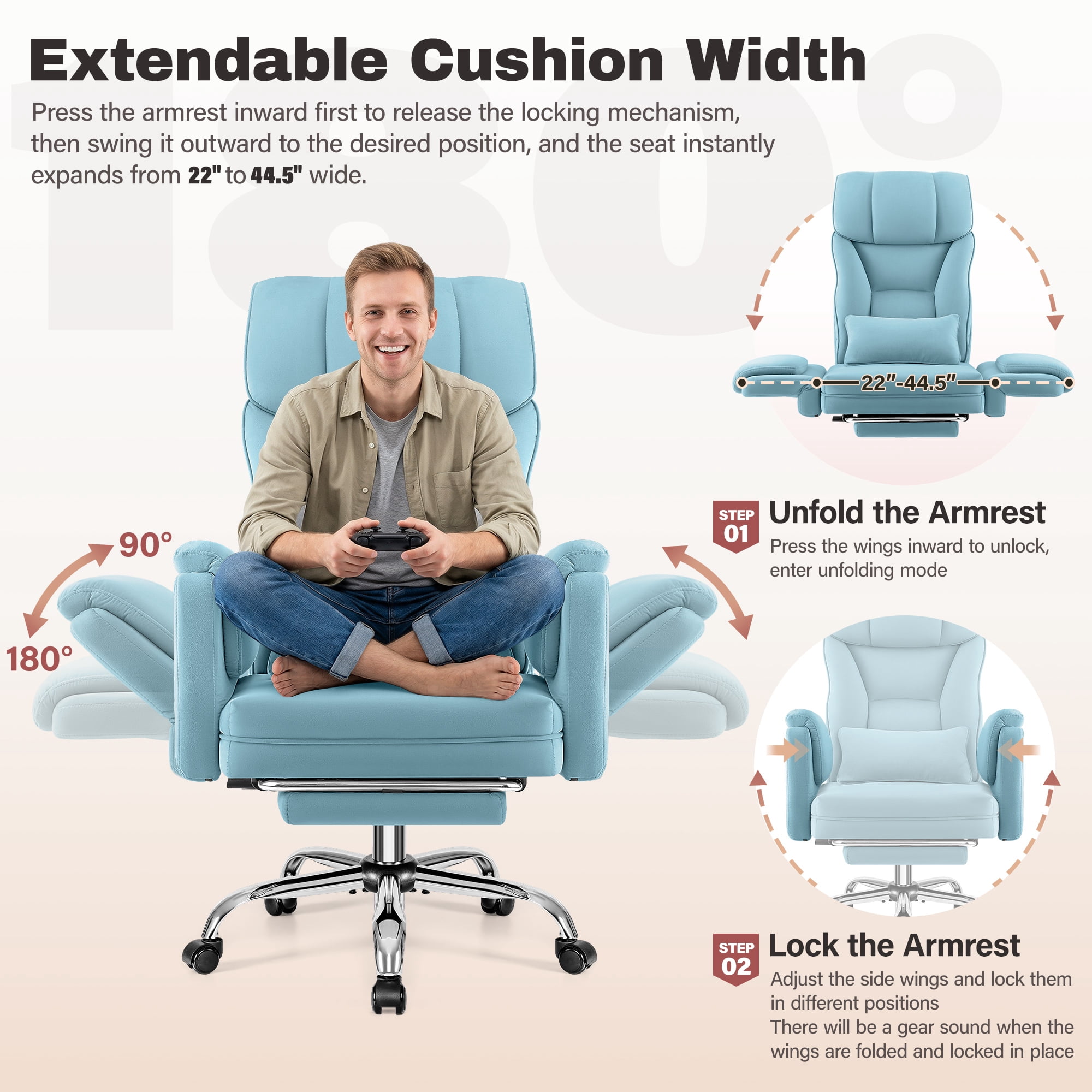 Primy Cross Legged Big and Tall Office Chair with Footrest & Convertible Armrests, 500LBS Velvet Home Desk Chair, Ergonomic Recliner with Lumbar Pillow, Criss Cross Soft-Cushioned Executive Chair