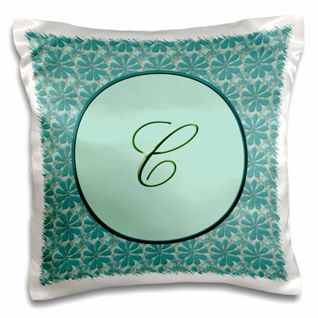 Teal Floral Pattern 3dRose Elegant letter C in a round frame surrounded by a floral pattern all in teal green monotones - Pillow Case, 16 by 16-inch ()