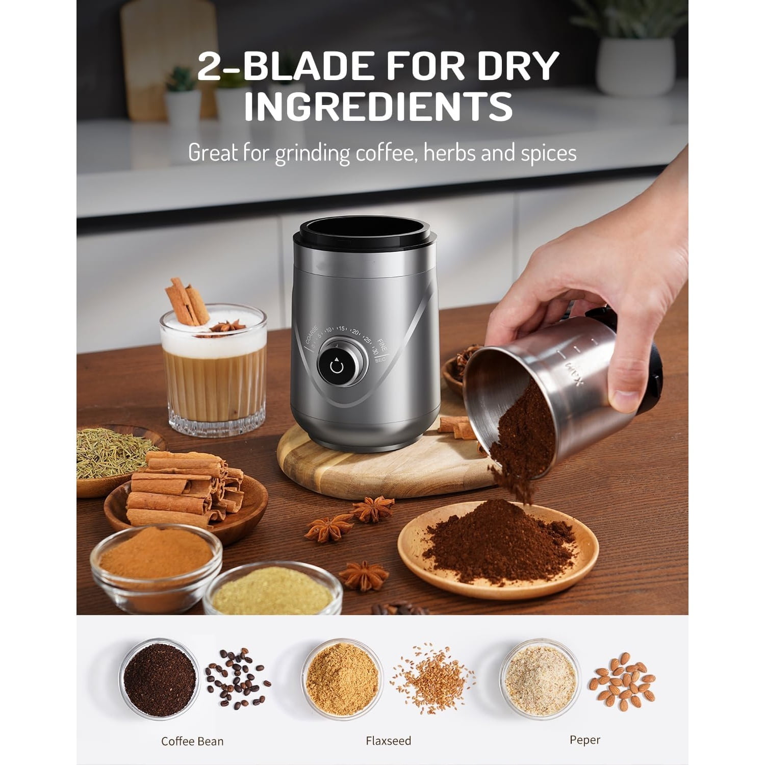 Electric Super Silent Blade Coffee Grinder, Timed Grind Control Rotary Knob, Adjustable Coarse to Fine for Coffee Beans, Spices & Herbs, with 2 Removable Stainless Steel Bowl, Silver