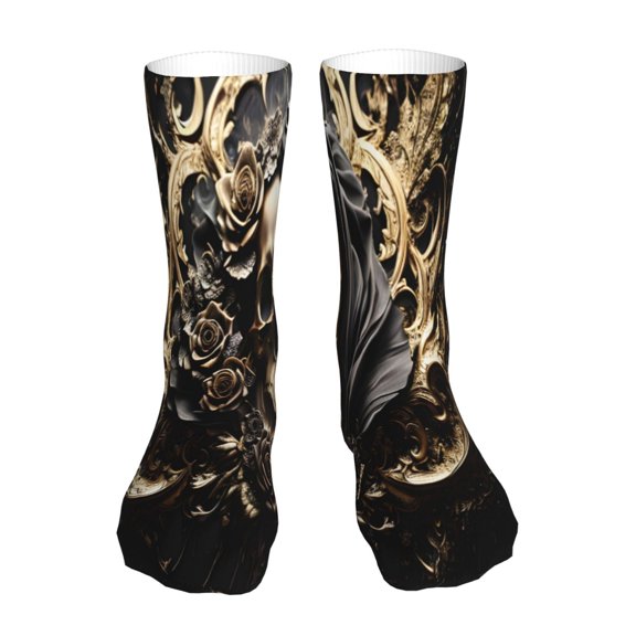 Salouo Gold Rose Skull Pattern Fun Novelty Crew Socks,Casual Athletic Socks Neutral Socks