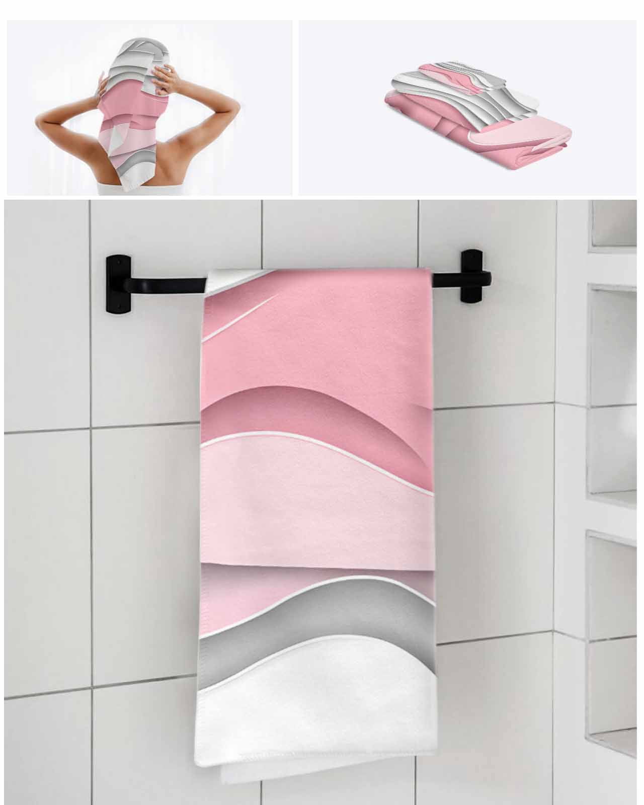 Pink Gray Ombre Towel Set of 3, Soft Microfiber Bath Towels, Hand Towel, Washcloths, Modern Abstract Moire Art Geometric Quick-Dry Absorbent Towels for Bathroom Kitchen Hotel Beach Gym Spa