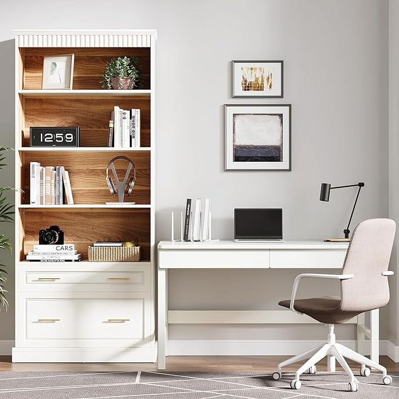 Tribesigns 5-Shelf Bookcase with File Cabinet Drawer, Modern Storage Shelf for Living Room, White