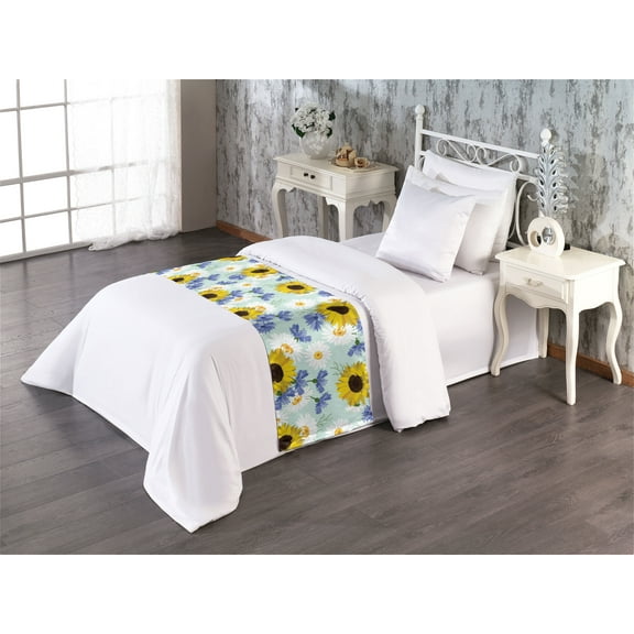 Summer Vibes Bed Runner, Simple Design Pattern of Sunflower and Chamomile on Minty Back, Decorative Accent Bedding Scarf for Hotels Homes & Guest Rooms, Twin, Mustard Mint Green White, by Ambesonne