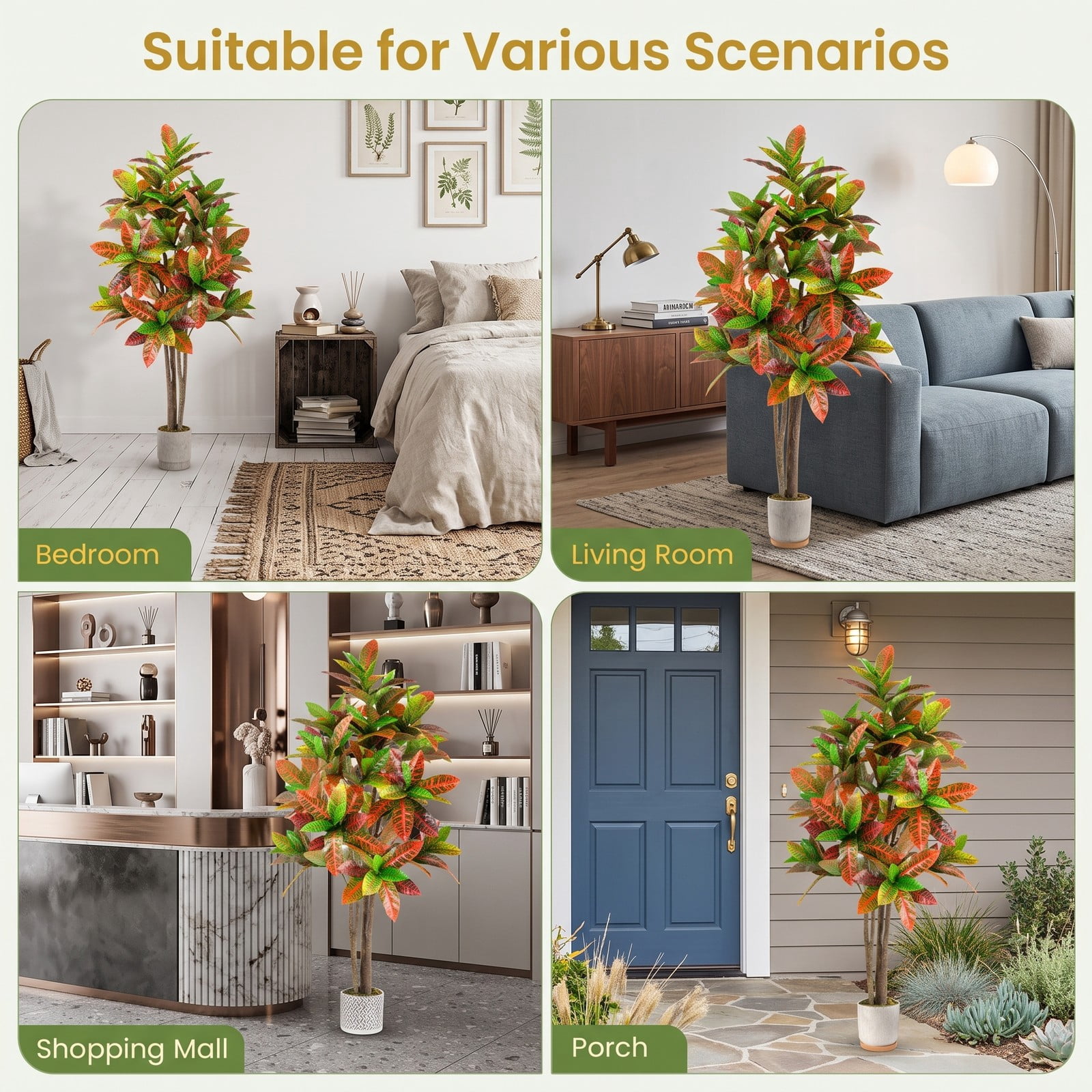 ALPULON 5 FT Tall Artificial Croton Plant with Gradient Leaves and Nursery Pot, Faux Silk Tree for Indoor Home Office Decor, 2 Pack, Multicolor