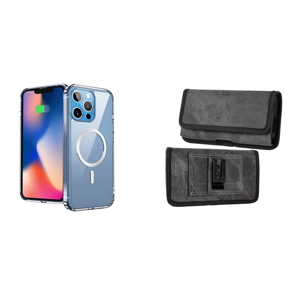 Ultra Clear Case (MagSafe Compatible) and Belt Holster Pouch for Apple iPhone 14 Pro Max (Black/Gray)