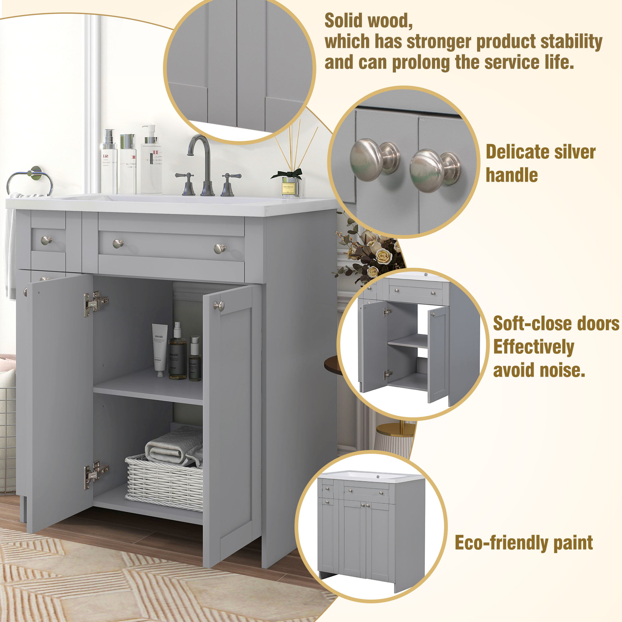 Kylina 30 Gray Modern Free-standing 2-drawer & 2-door Vessel Sink Bathroom  Vanity Set