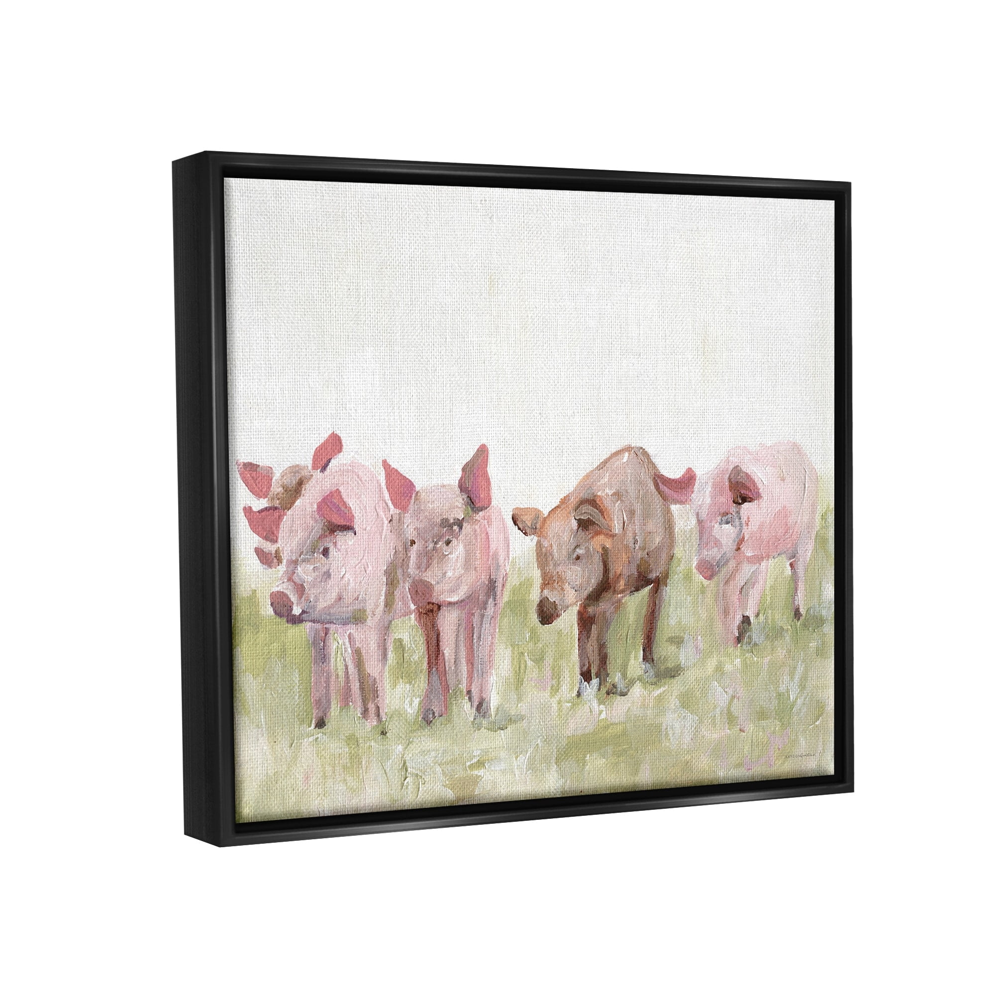 Stupell Industries Pink Baby Pigs Grazing Farm Grassland Pasture Painting Luster Gray Floating Framed Canvas Print Wall Art, Design by Kamdon Kreations