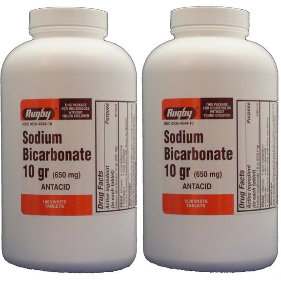 (pack of 2) Rugby Sodium Bicarbonate 10 grains tablets relieve heartburn, antacid - 1000 ea
