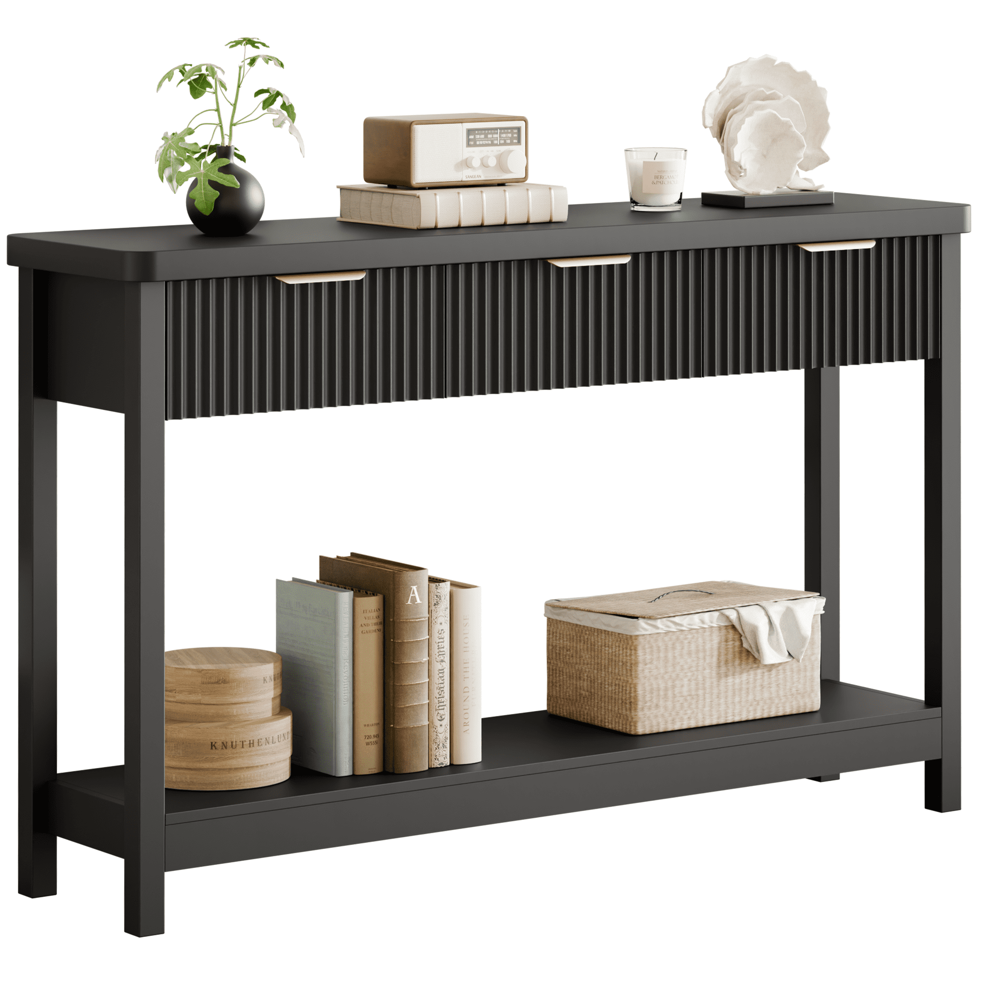 Laintene Console Table for Entryway, 51" Fluted Sofa Table with 3 Drawers and Open Shelf, Modern Narrow Display Shelf for Hallway Living Room, Black Set of 2