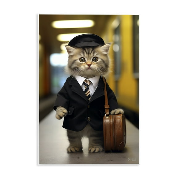 Stupell Industries Traveler Kitten & Briefcase Novelty Painting Unframed Art Print Wall Art, 10 x 15