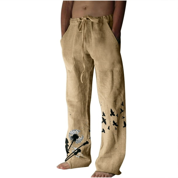 Cotton Linen Pants for Men Lightweigh Drawstring Wide Leg Pants Casual