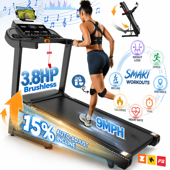 Home Folding Treadmill with 15% Auto Incline, 3.8HP Brushless Motor, 9 MPH Speed,Treadmill 300 lb Capacity for Home,6 LED Displays, Exercise Equipment forJogging walking, Treadmill with Bluetooth APP