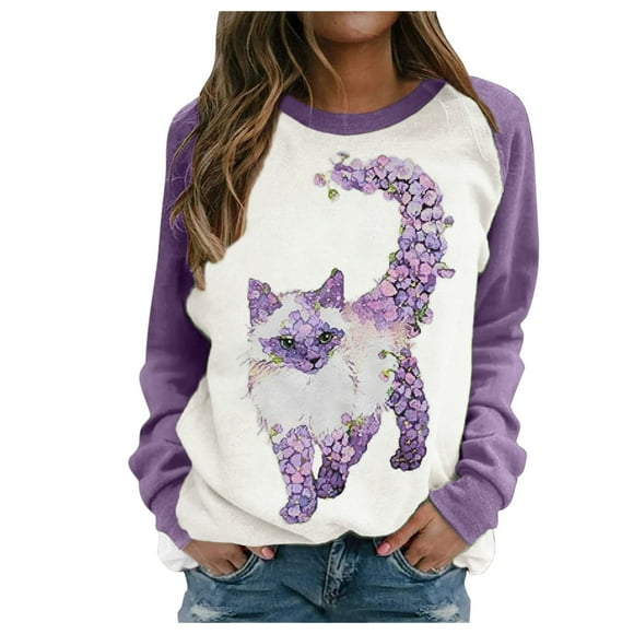 Fashion Women Casual O- Neck Cat Print Long-sleeved T-shirt