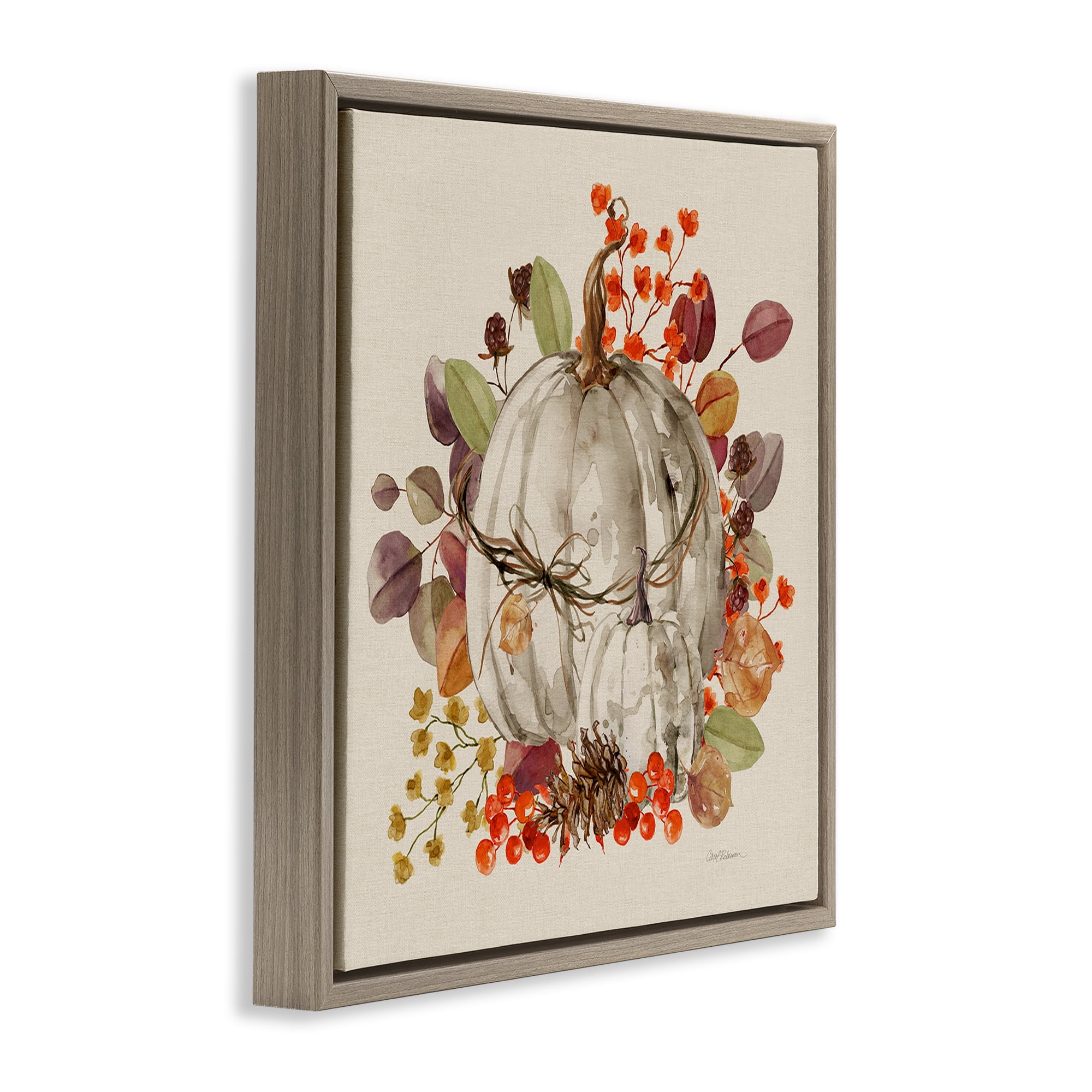 Stupell Industries Autumnal Pumpkin Herbs Botanical & Floral Painting Brown Floater Framed Canvas Art Prints Wall Art, 18 x 18