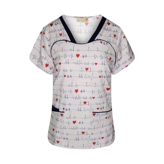 Pepino Uniforms Printed Navy EKG Piping V-Neck Scrub Top