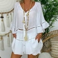 thumbnail image 2 of Women's Plus Size Babydoll Oversize Long Bouse Mini Dress Lady Work Blouses Dressy Vintage Solid Color Eyelet Tees Summer Tops Woman 3/4 Sleeve Western Shirts Button Down V Neck T Shirt Tunic White M, 2 of 9