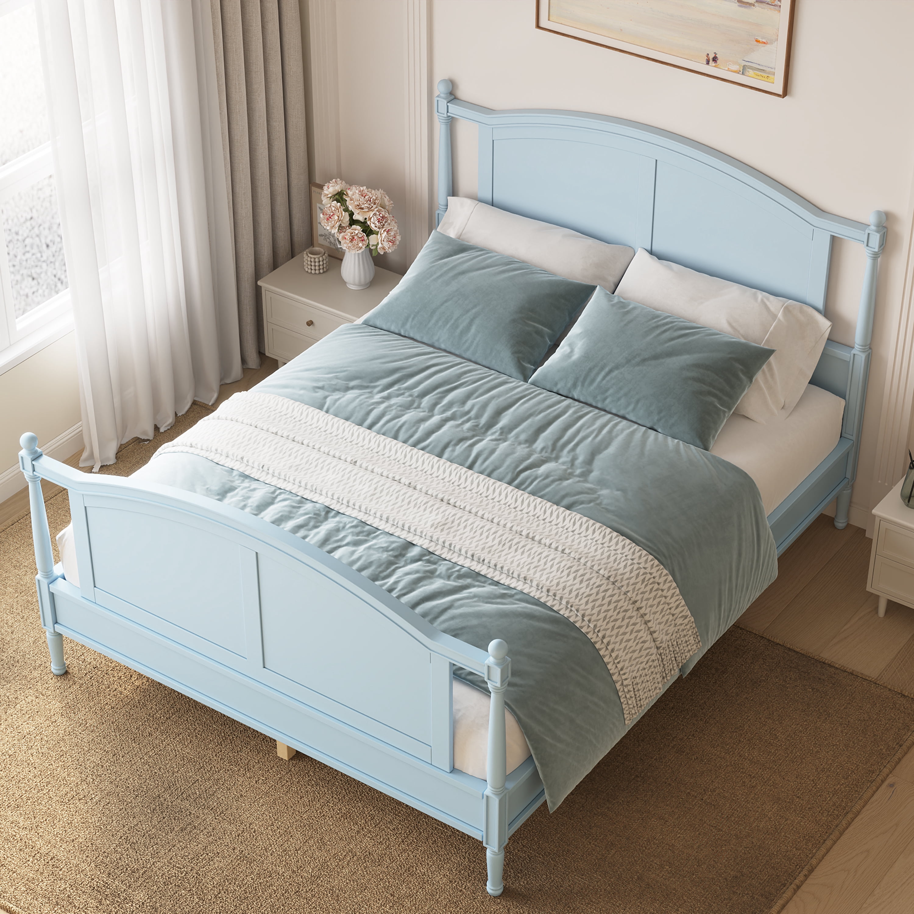 Mintazer Queen Size Farmhouse Platform Bed Frame with Arched Panel Headboard & Footboard, Cottage Panel Bed Frame with Spindle Posts & Slat Support for Bedroom Guest Room, Light Blue