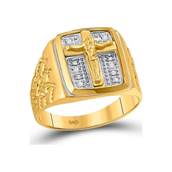 FB Jewels 10kt Yellow Gold Mens Round Diamond Crucifix Jesus Cross Ring 1/20 Cttw