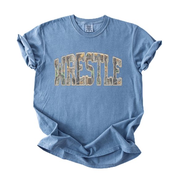 Wrestle Shirt for Men & Women - Camo Wrestling Unisex Graphic Tee - Athletic Team Spirit TShirt Blue Jean Shirt Adult Medium