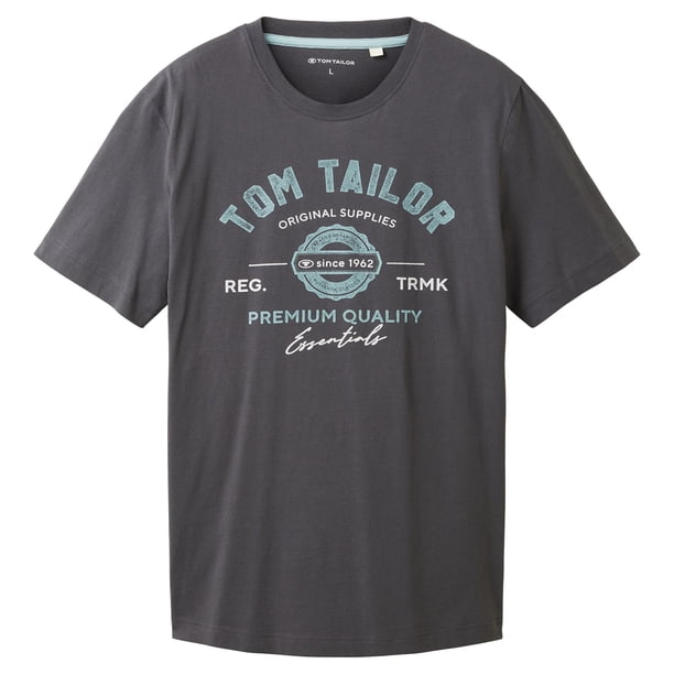 TOM TAILOR Camiseta para hombre - Camiseta con logotipo, cuello redondo, corte regular, algodón, estampado Gris L (Large)