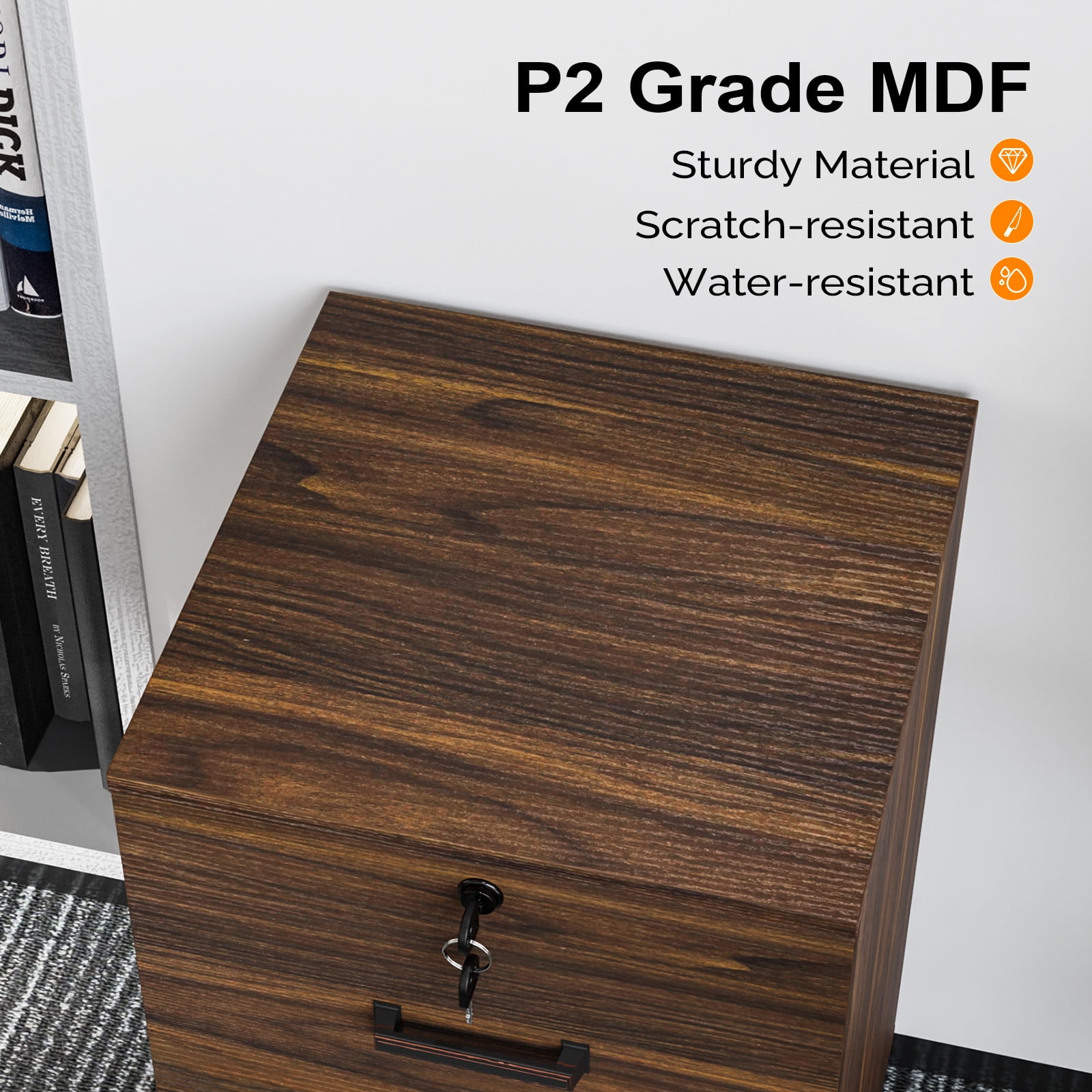 Ktaxon 2-Drawer Rolling Wood File Cabinet with Lock, Portable Vertical Mobile Wooden Storage Filing Cabinet for Home Office,Brown Coffee
