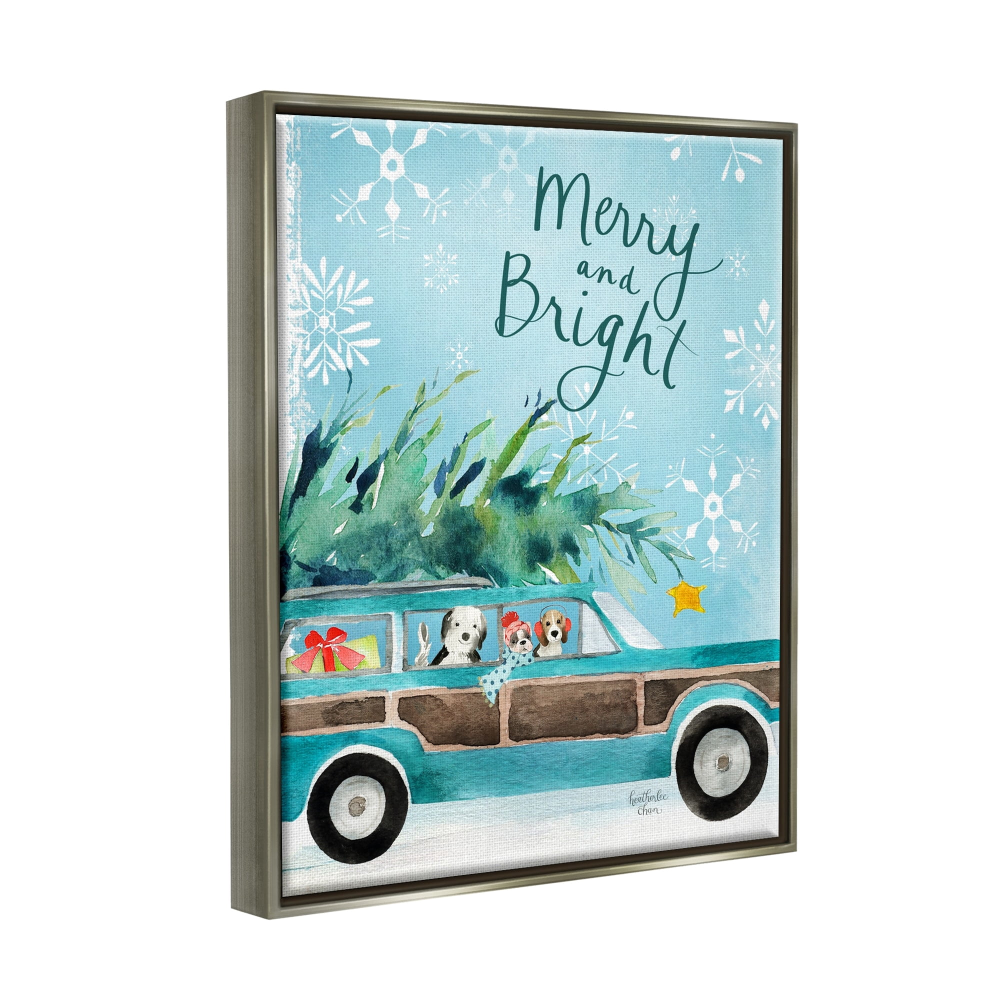 Stupell Industries Merry & Bright Christmas Scene Holiday Puppies Graphic Art Luster Gray Floating Framed Canvas Print Wall Art, Design by Heatherlee Chan