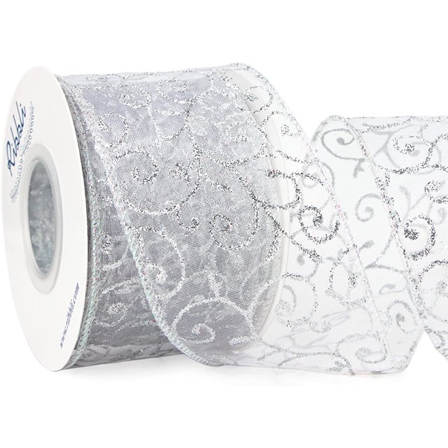Ribbli Cinta con cable con purpurina de copo de nieve, cinta transparente de organza de oro rosa con patrón de copo de nieve con purpurina dorada y borde metálico iridiscente, cinta navideña de 2-1/2