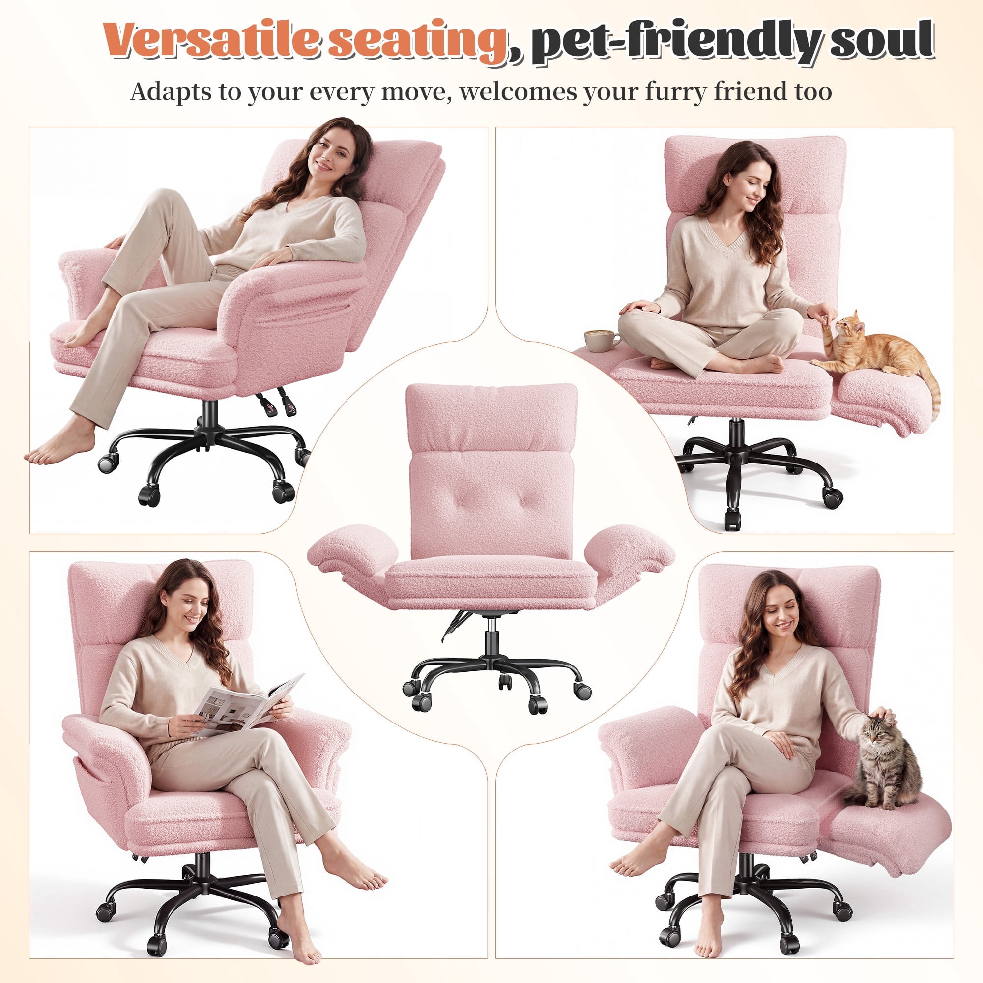 Romorgniz Criss Cross Chair with Armrests & Wheels Ergonomic Computer Gaming Chair with Two Side Pockets Teddy Plush Wide Seat Reclining Desk Chair for Home Office, Pink
