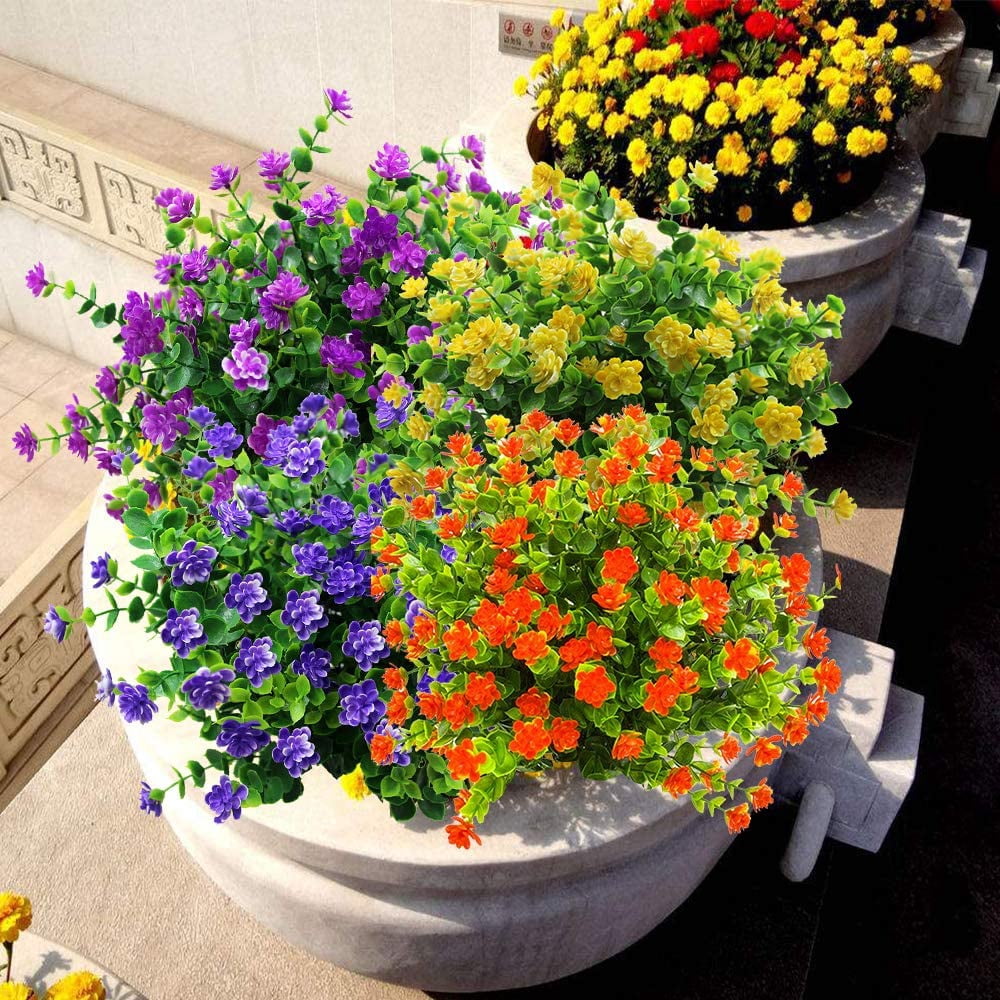 Morttic 12 Bundles Artificial Fake Flowers, Faux Outdoor Plastic Plants UV Resistant Shrubs Outside Indoor Decorations (Yellow)