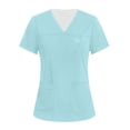 thumbnail image 2 of Iaqnaocc Scrub Tops Women Funny Solid Color Nurse Working Uniforms Fashion V-Neck Side Slits Scrub Tops Party Short Sleeve Medical Workwear with 3 Pockets Light Blue M, 2 of 4
