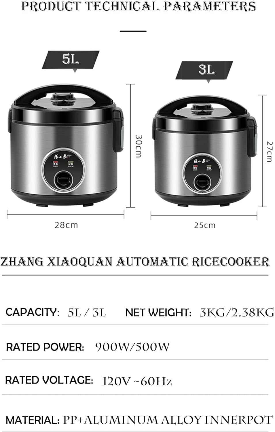 ZhangXiaoQuan 5.5Cup Rice Cooker, 3L, with Steamer and Non-stick inner pot, ZCFB-102, one touch simple use (5.5 Cup, 3L)