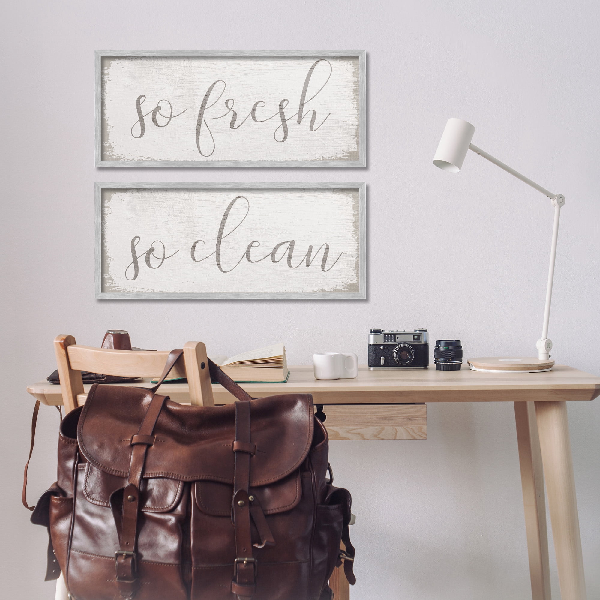 Stupell Industries Rustic White So Fresh So Clean Typography Painting Gray Framed Art Print Wall Art, 24 x 10, Set of 2