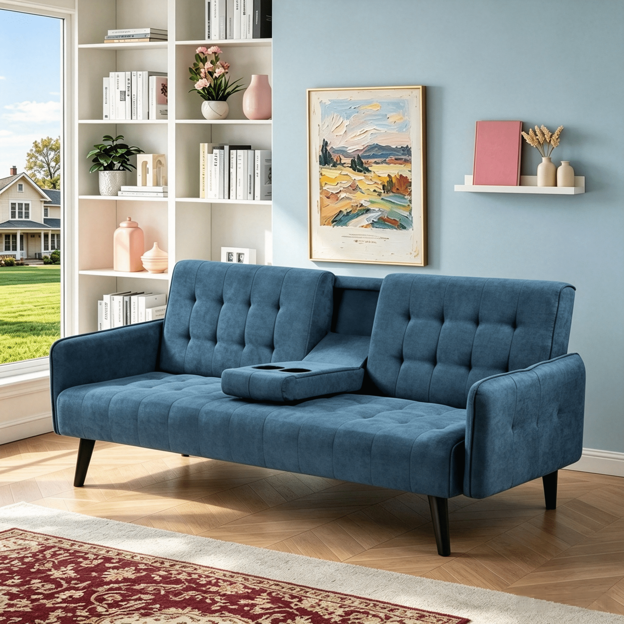 Gewnee 72" Sleeper Sofa Bed, Convertible Linen Futon Couch with Folding Backrest with Cup Holder,Modern Couch for Home and Guest Room，Blue