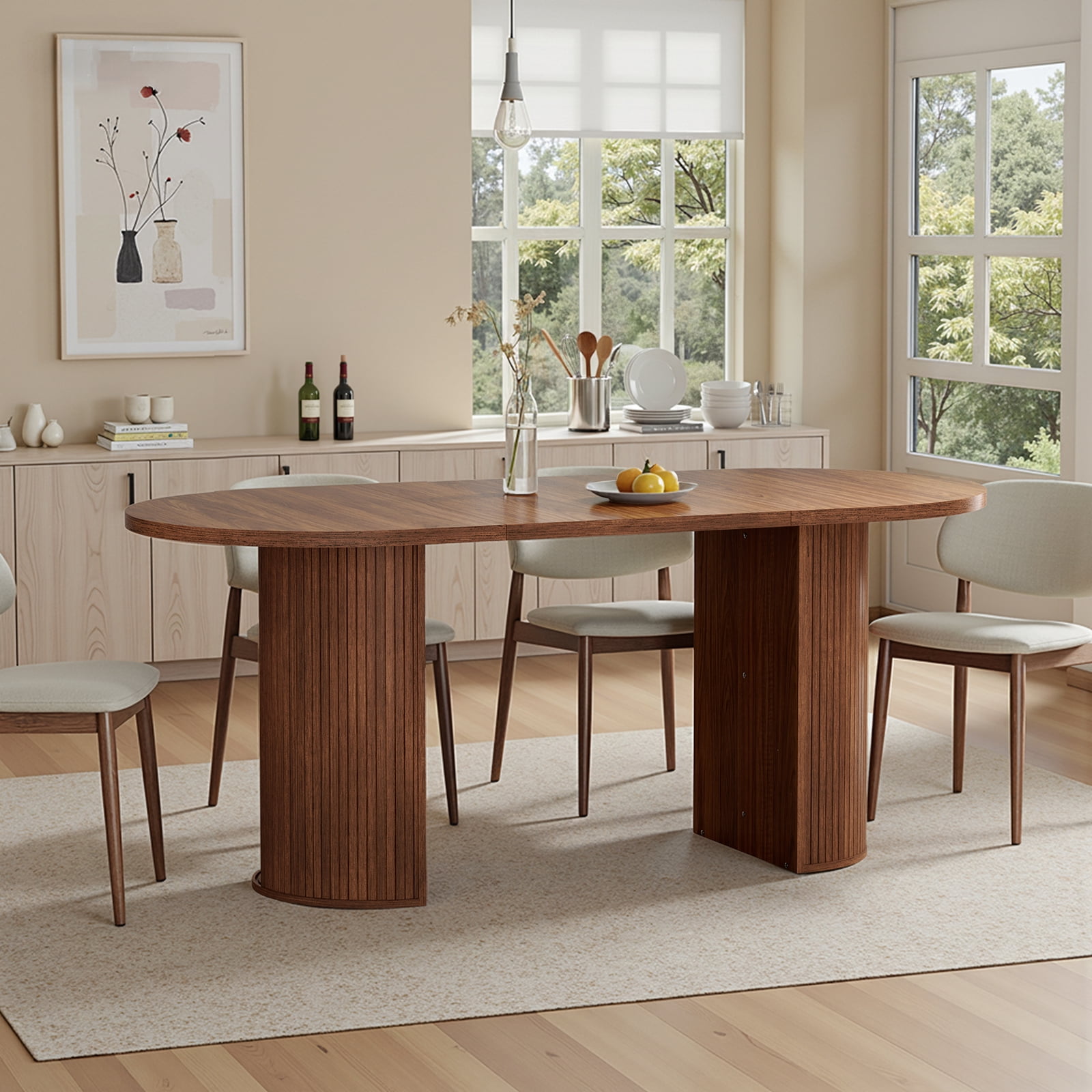 Hommpa 71" Dining Table for 6,Modern Oval Kitchen Table With Wood Strip Base,Long Dining Room Tables for Kitchen Dining Room Living Room,Walnut
