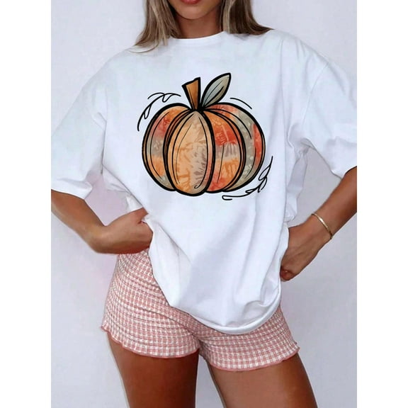 Halloween Pumpkin T-Shirt，Short Sleeve Graphic Tees，Cute Fall Holiday Tops，Round Neck Casual Shirt，Fashion，cotton，white，S-5XL