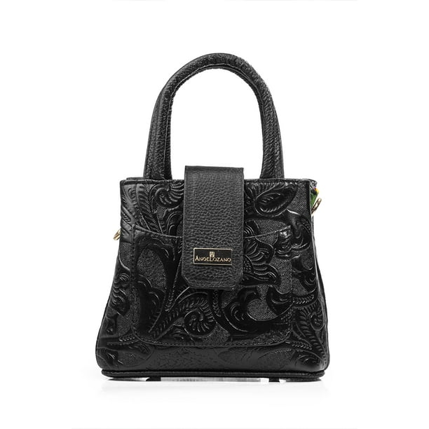 Bolso A ÁNGELOZANO Aurelia tipo Satchel en Piel con Telar de Flores Bordado a Mano y Asa Desmontable
