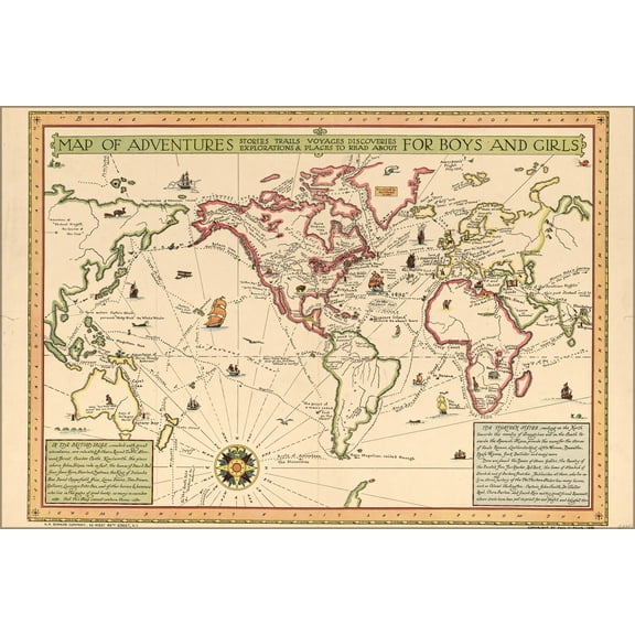 24"x36" Gallery Poster, world Map of adventures for boys and girls 1925