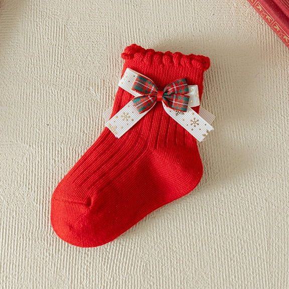 Zunfee Infant Red Christmas Socks - Size 1T, 100% Cotton Soft Breathable, Ruffled Edge Plaid Bow Festive Socks for Holiday Gatherings & Daily Wear