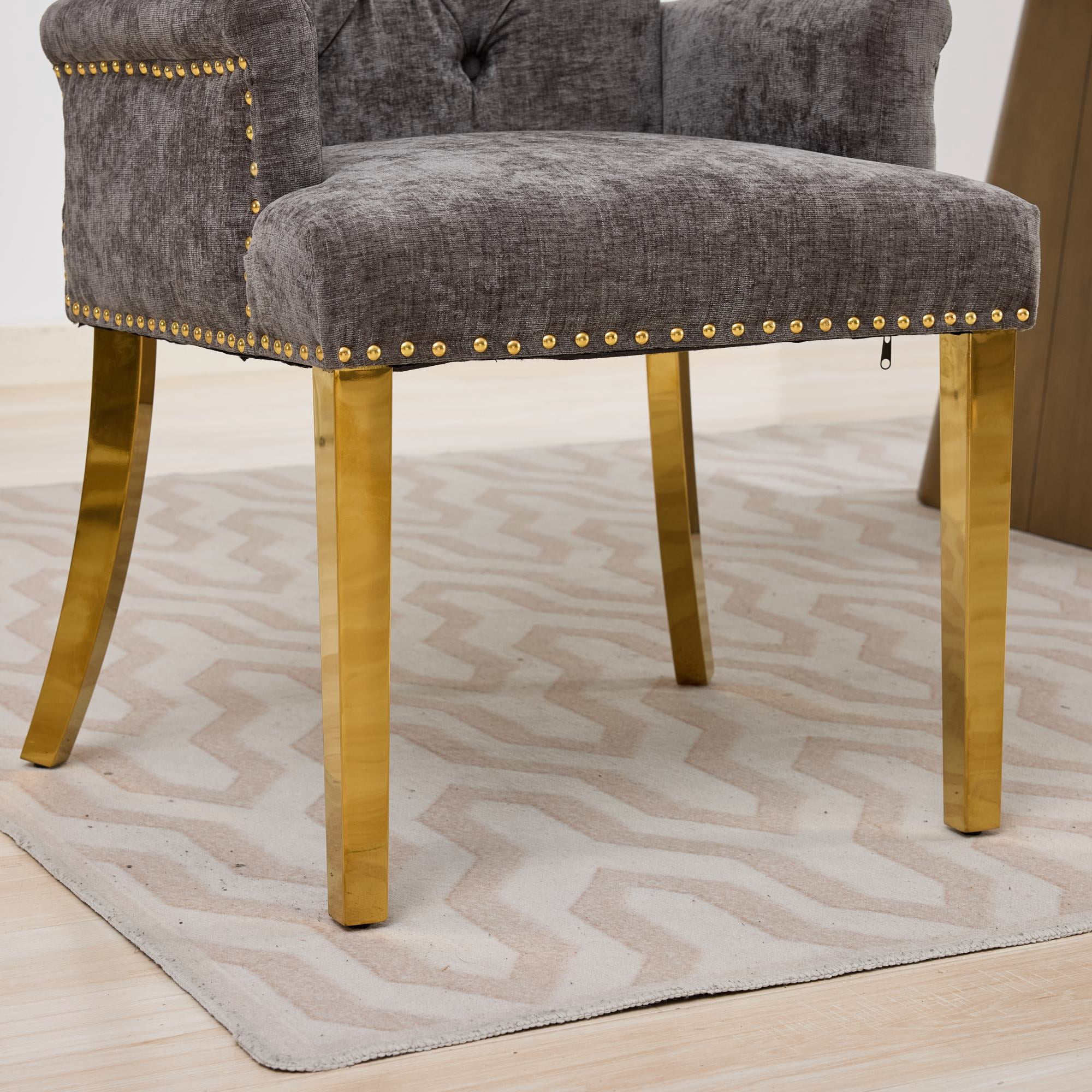 GARITIN Upholstered Dining Chair with Arms, Tufted Button High Back Accent Chair with Nailhead Trim and Stainless Steel Legs, Gray