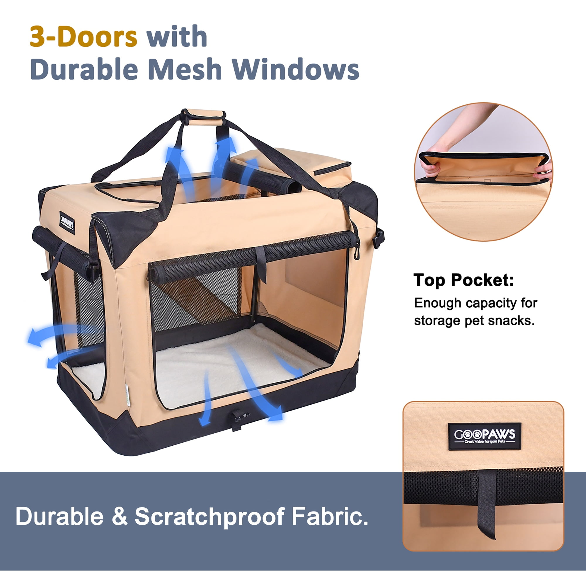 JESPET: 36" Soft Pet Crate - Beige - Dogs & Cats Up to 70 lbs, 3 Door Folding Kennel, Indoor Outdoor Travel Carrier, Mesh Windows, Fleece Mat, GooPaws
