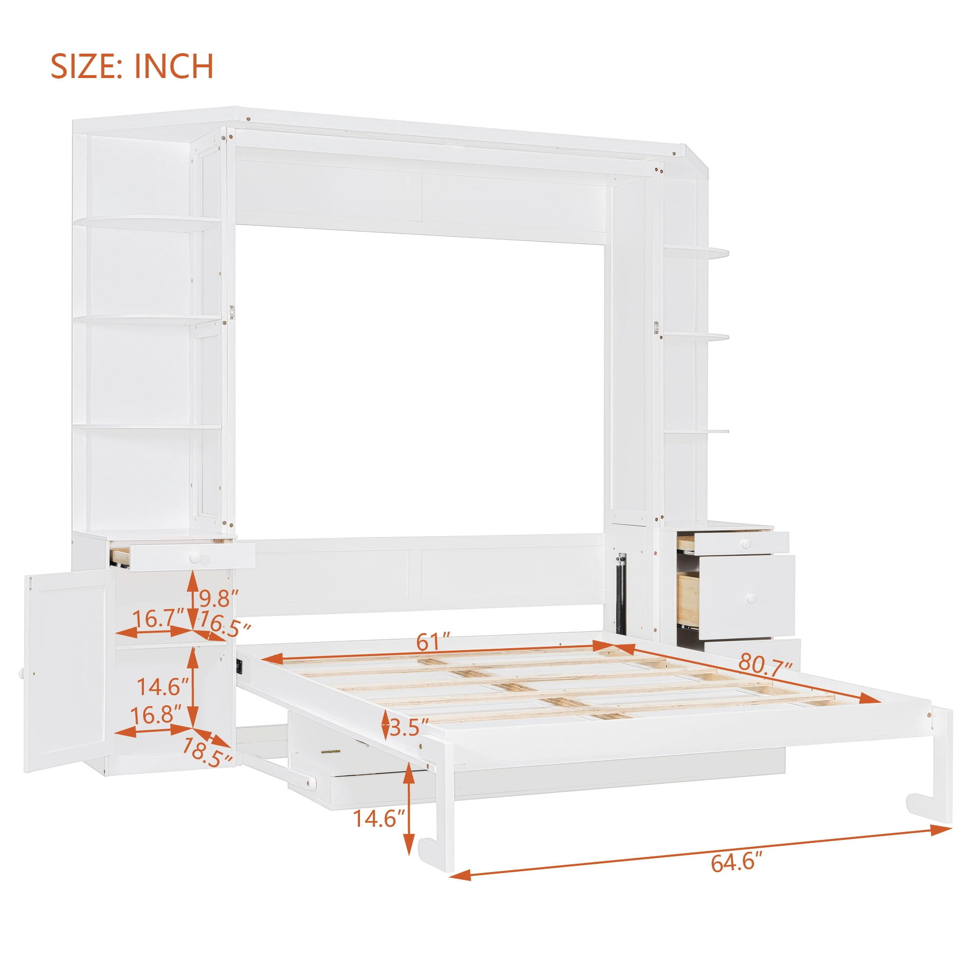 Queen Size Murphy Bed with Desk, Storage Shelves and Cabinets, for Space-Saving Home Office, Guest Room