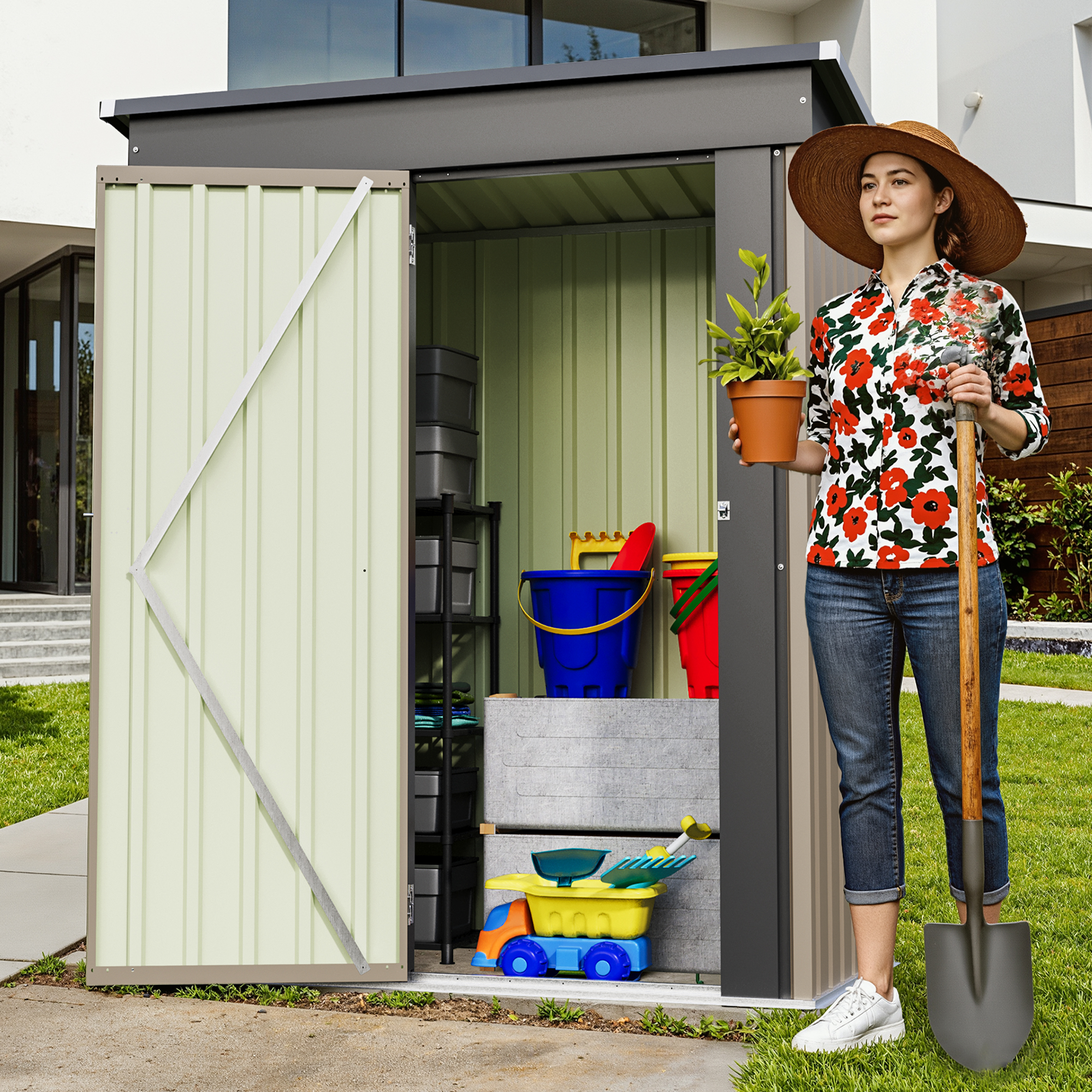 Homall 5' x 3' Mental Outdoor Storage Shed, with Groove Roof and Lockable Door, for Garden and Patio, Brown