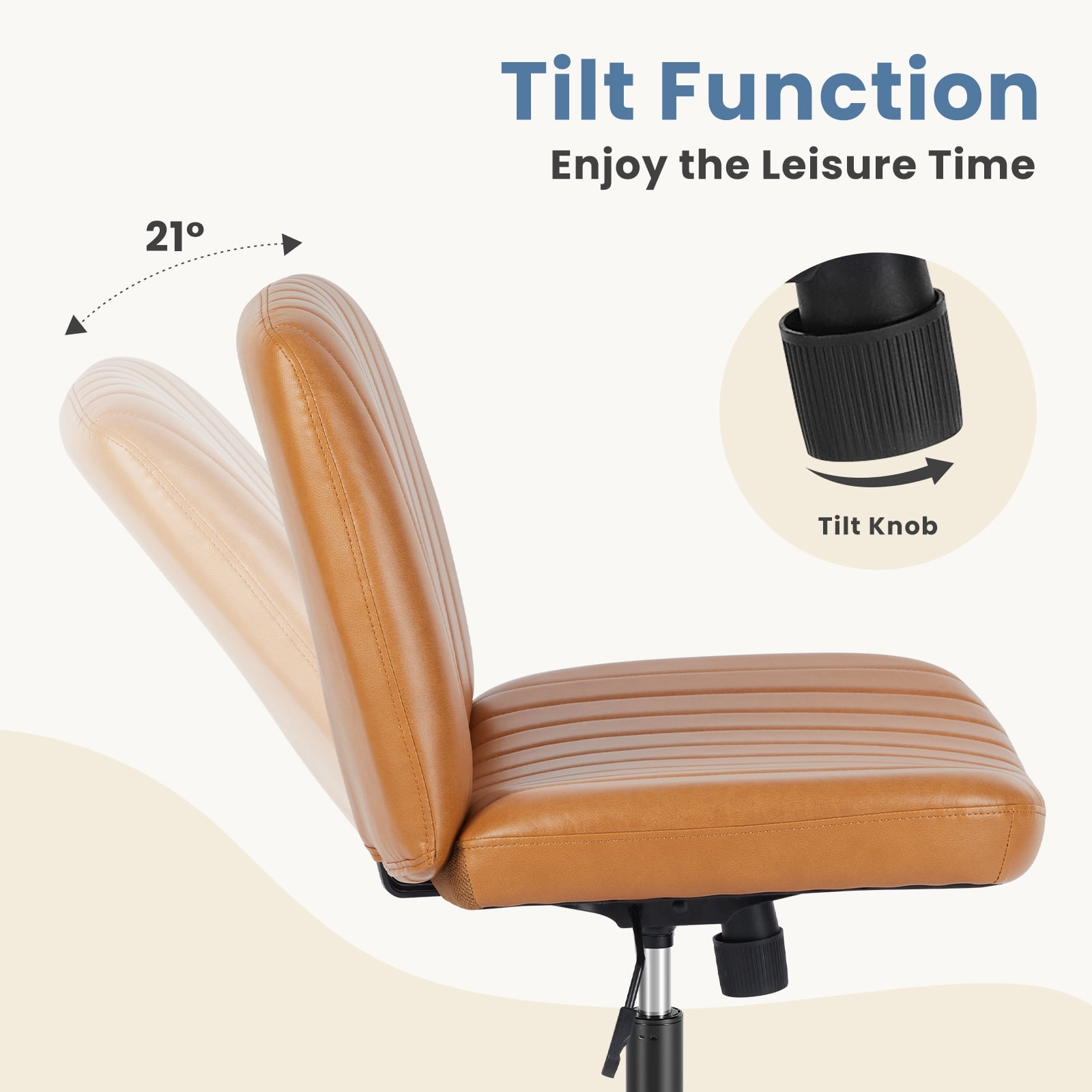 EDX Armless PU Leather Office Chair Criss Cross Legged Chair No Wheels, Comfy Home Office Desk Chairs, Brown