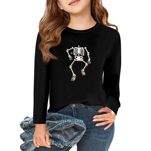 Abcomgle Girls Halloween Shirts Size 7-8 Spooky Dancing Skeleton Graphic Shirts for Kids Crewneck Long Sleeve T-Shirts for Kid Girls Fall Funny Cute Blouses for Girls,2-3 Years