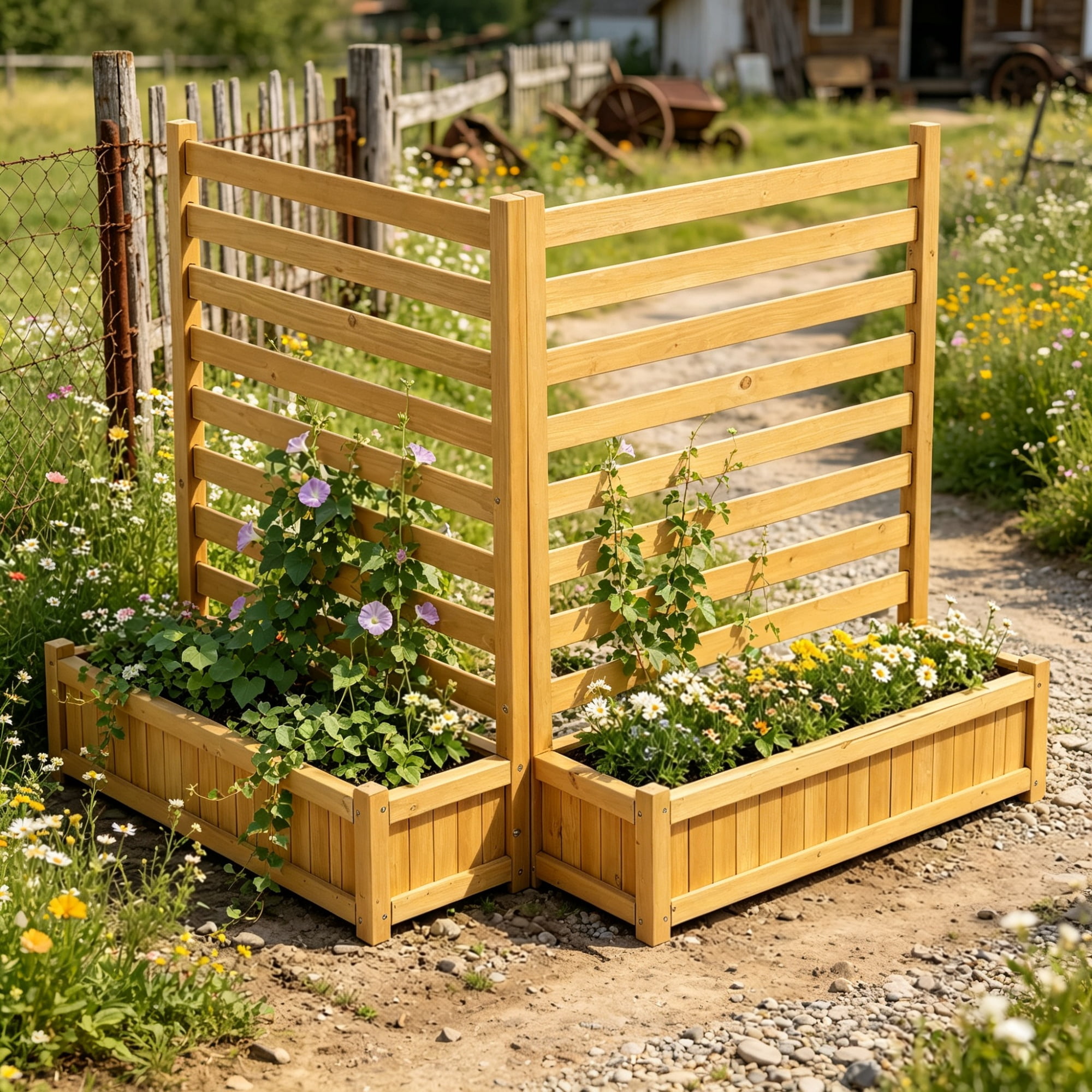 36x45 in Wooden Privacy Fence Screen, Cover with 2 Planters & Metal Stakes for Garden & Pool